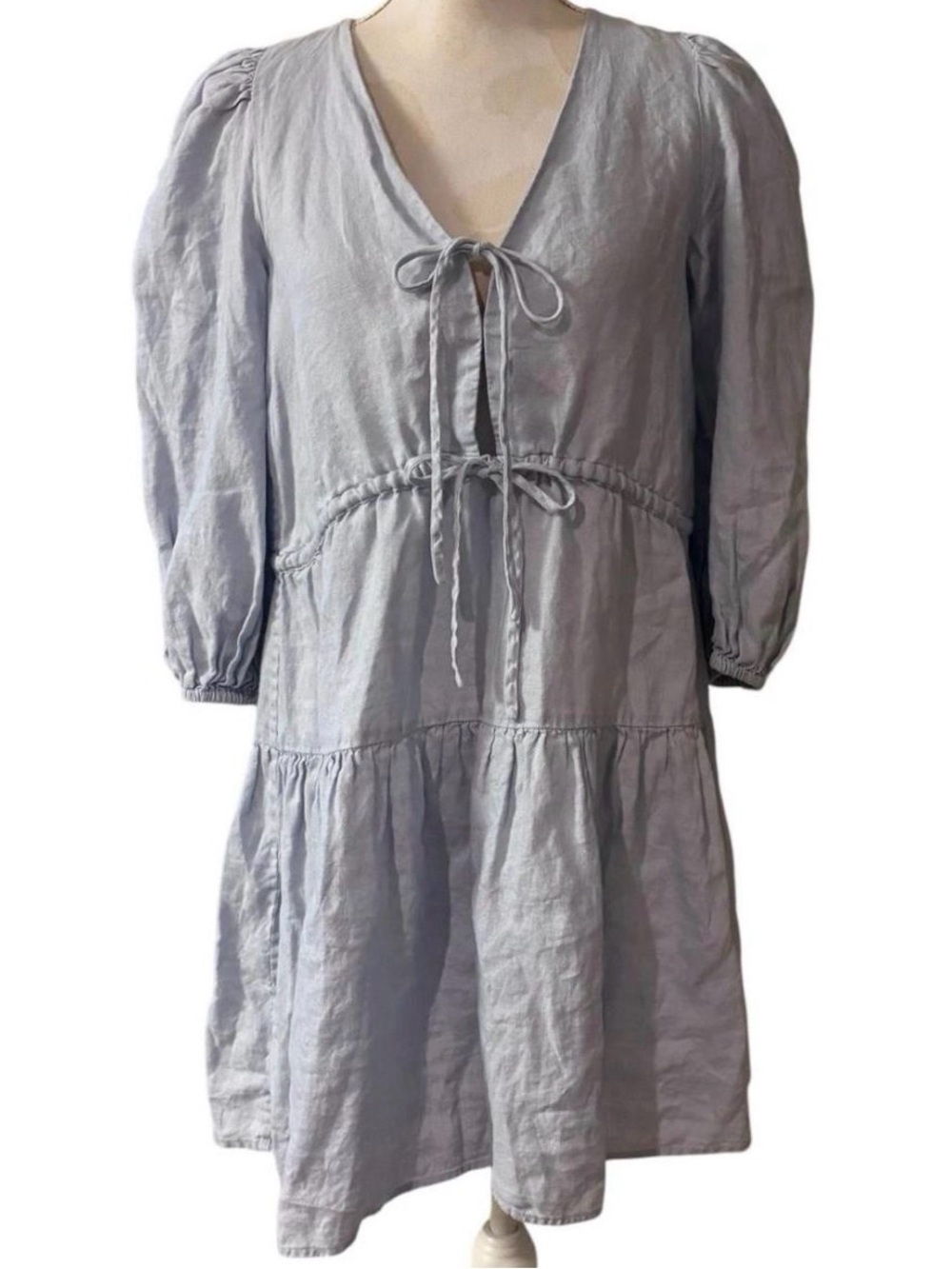 & Other Stories Women 100% Linen Blue Tiered Mini Dress Size 0